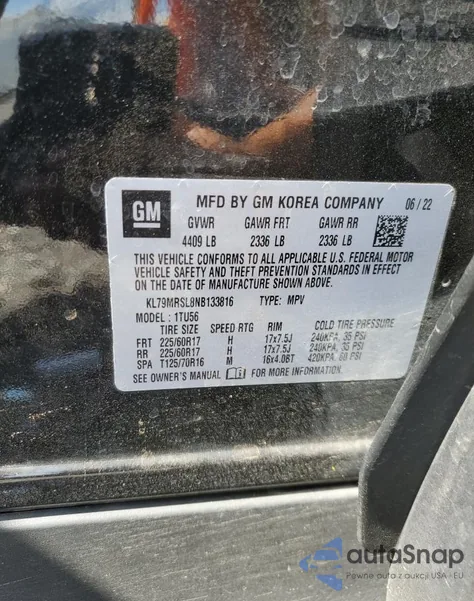 2022 Chevrolet Trailblazer Lt z USA, uszkodzony, nr VIN KL79MRSL8NB133816